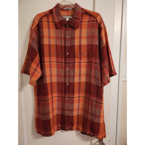 Geoffrey Beene Mens Dress Shirt Sz L, Short Sleeve, Linen,plaid - Picture 1 of 7